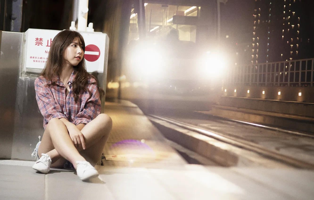 Photo wallpaper light, girl, woman, Train, asian, cute, Railroad
