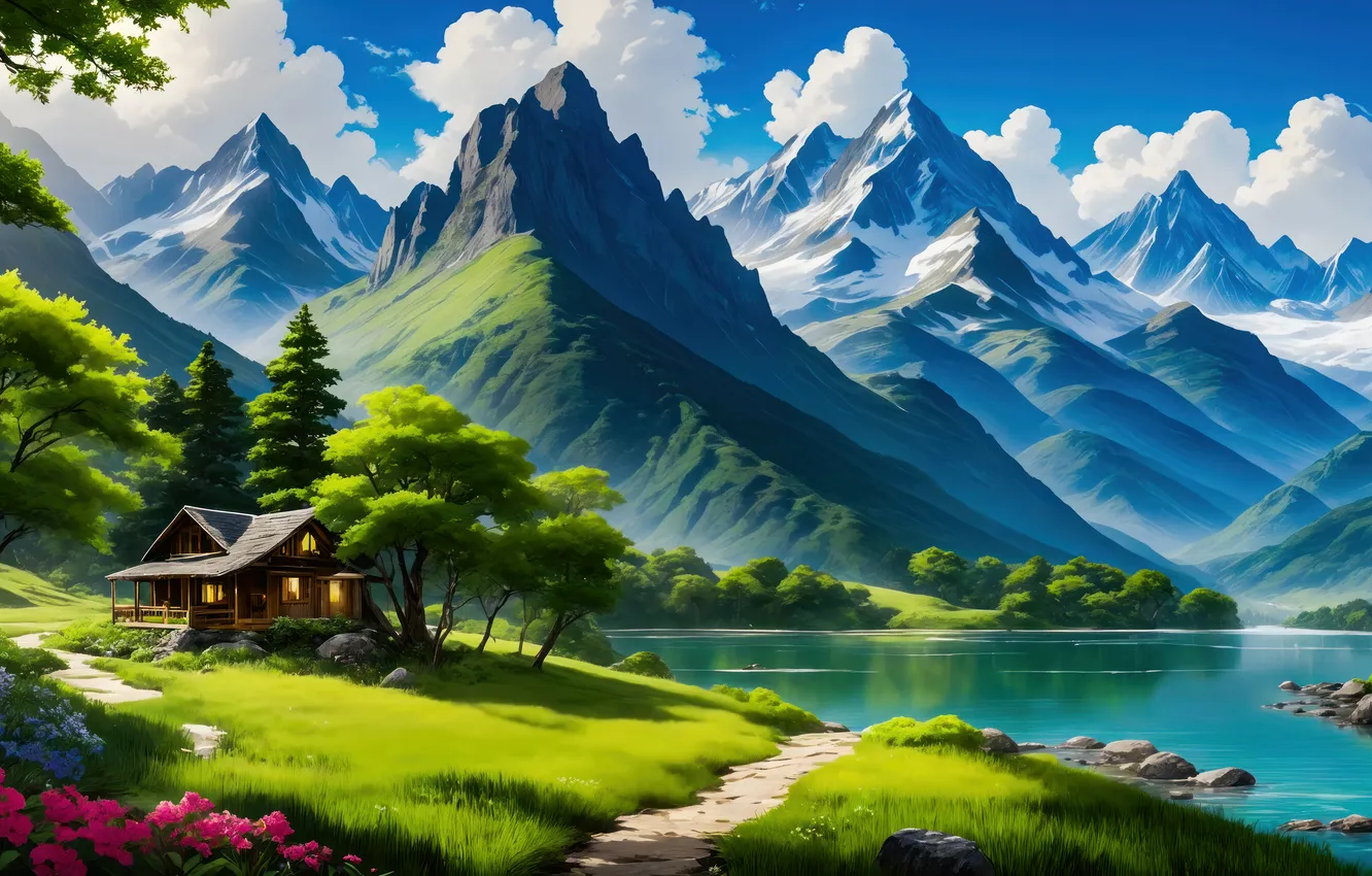 Photo wallpaper road, the sky, grass, water, clouds, snow, trees, mountains