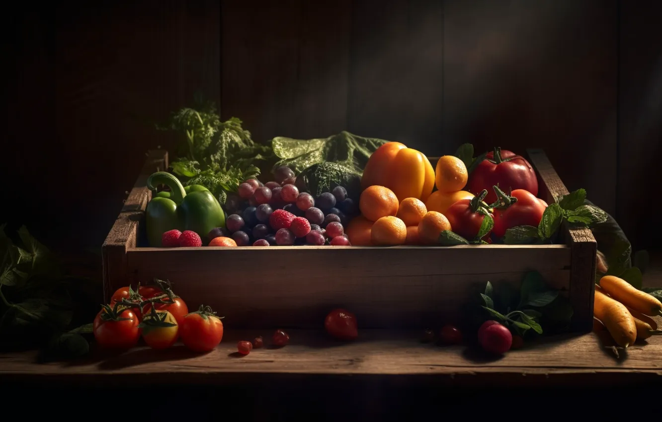 Photo wallpaper leaves, light, berries, raspberry, the dark background, table, Board, food