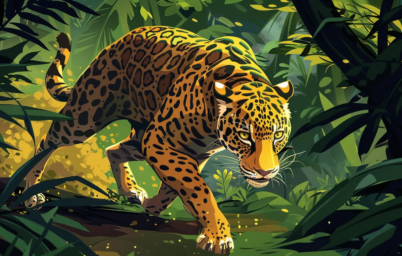 Photo wallpaper trees, predator, jungle, Jaguar, big cat, digital art, imitation painting, AI art