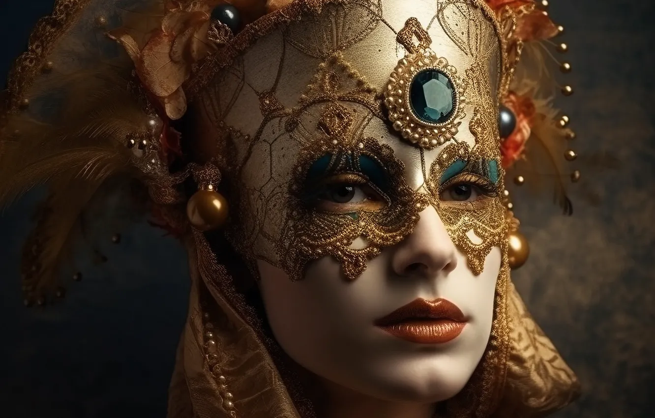 Photo wallpaper look, girl, decoration, face, portrait, feathers, makeup, mask