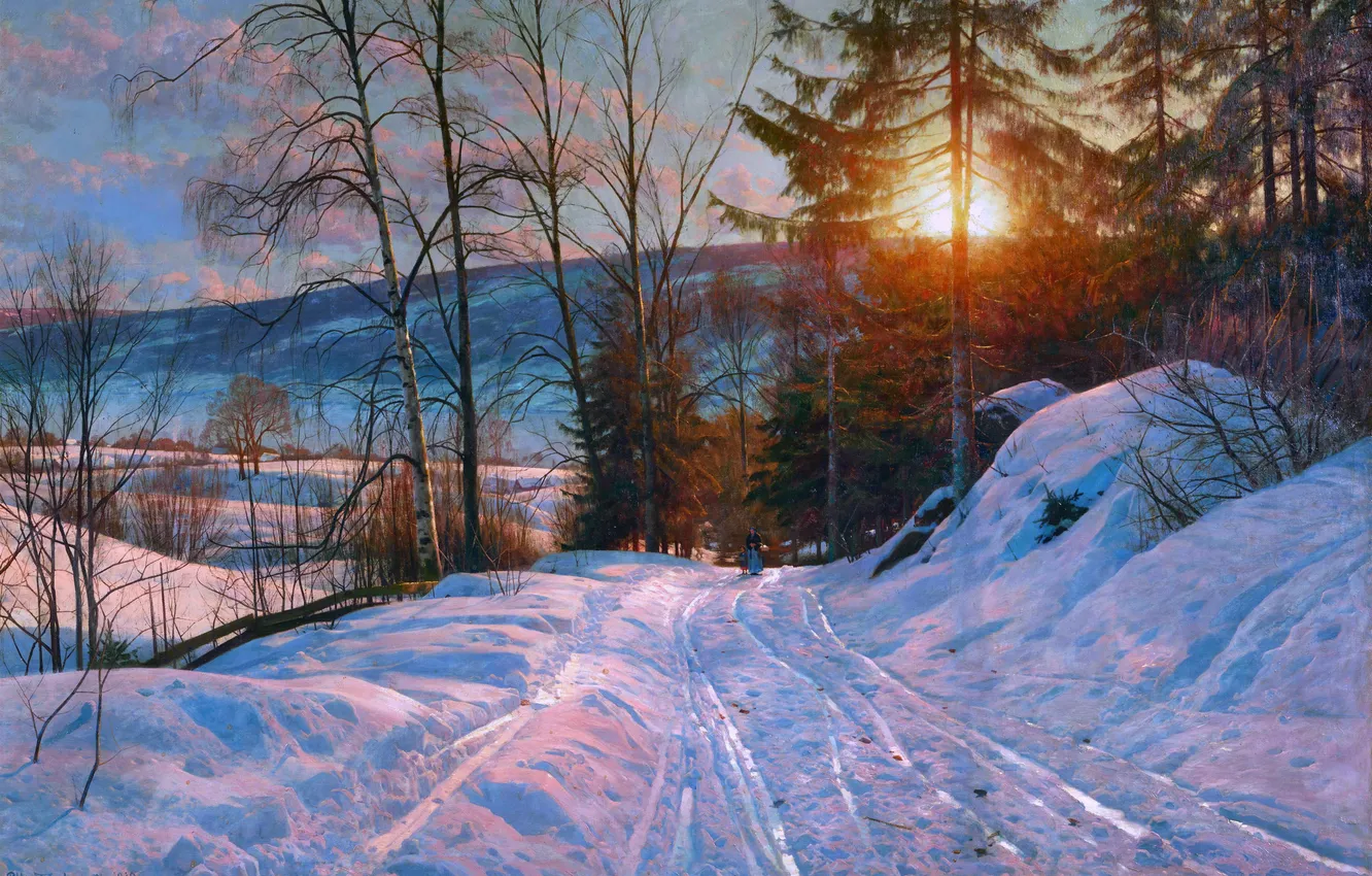 Photo wallpaper winter, road, the sun, snow, picture, Peder Mork Monsted, Danish painter, Peder Mork Monsted