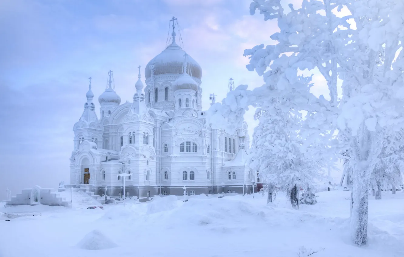 Photo wallpaper winter, the sky, clouds, snow, trees, stones, in the snow, the fence