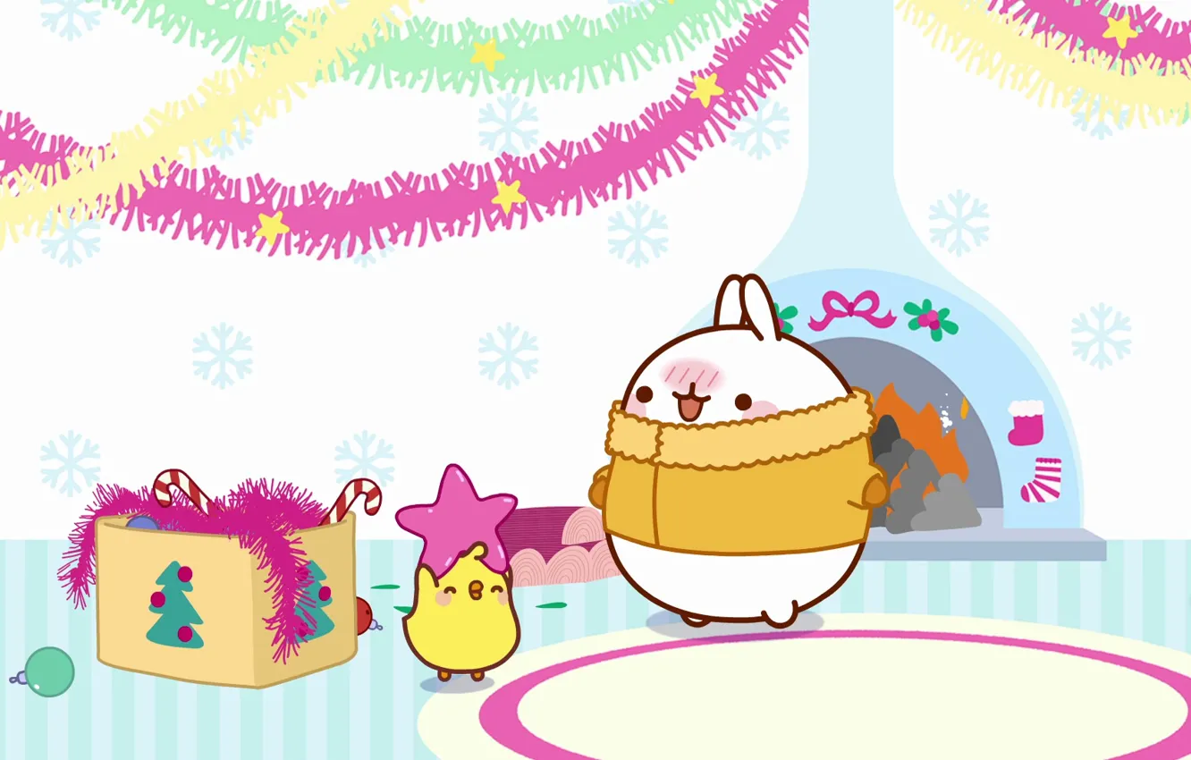 Photo wallpaper holiday, toy, new year, anime, art, fireplace, tinsel, Bunny