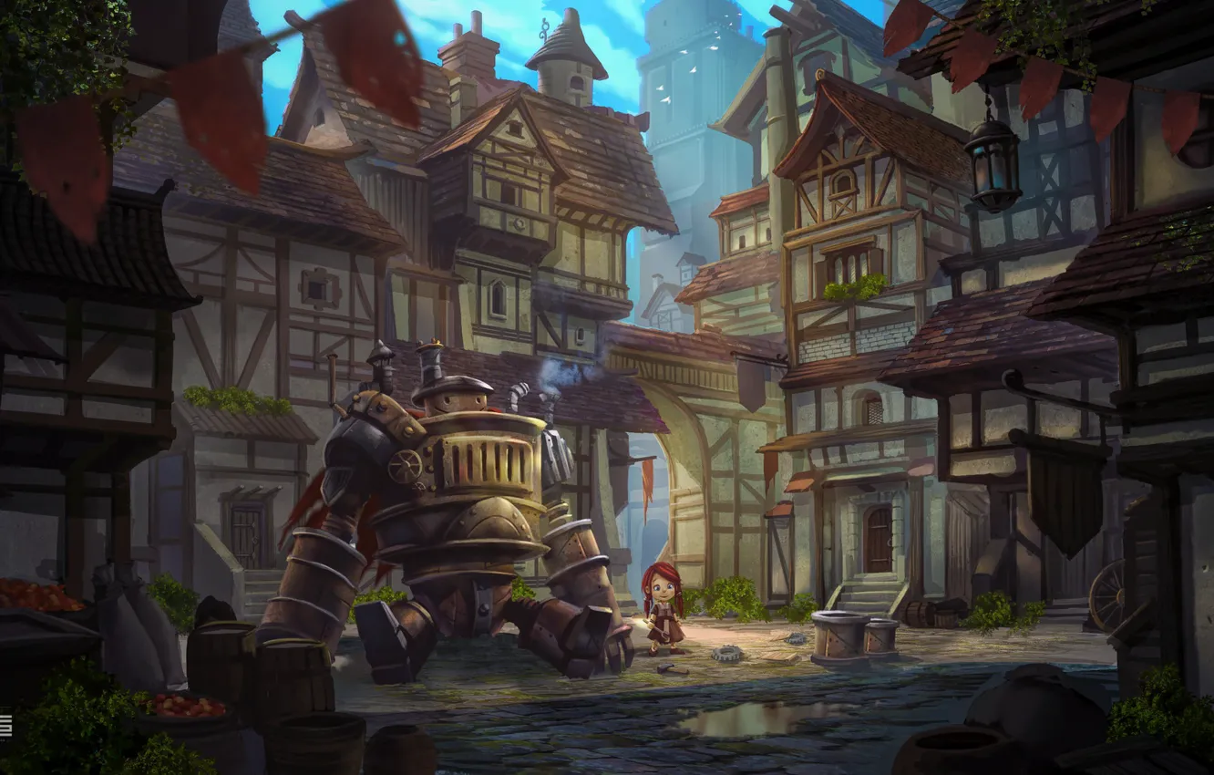 Photo wallpaper the city, building, robot, girl, MEDIEVAL FRIENDSHIP