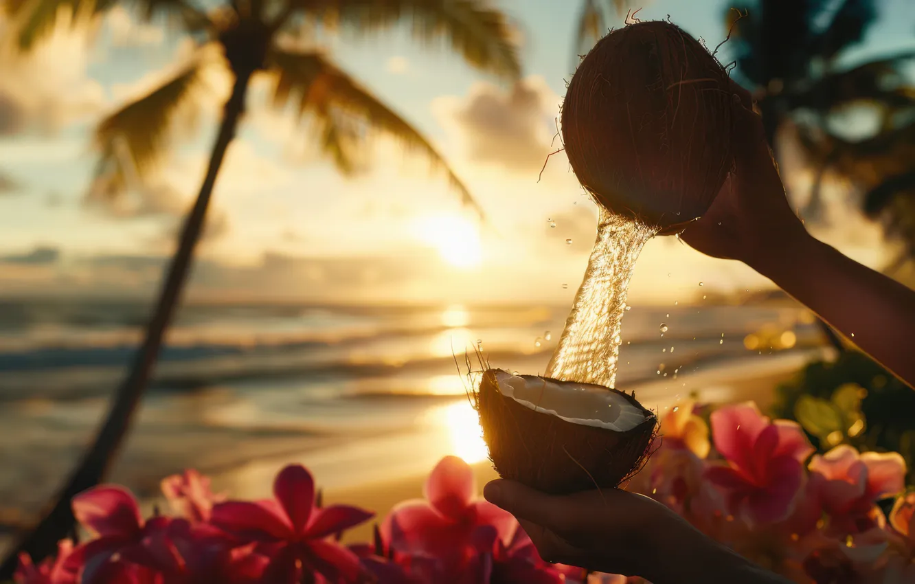 Photo wallpaper sea, beach, the sky, the sun, sunset, flowers, tropics, palm trees