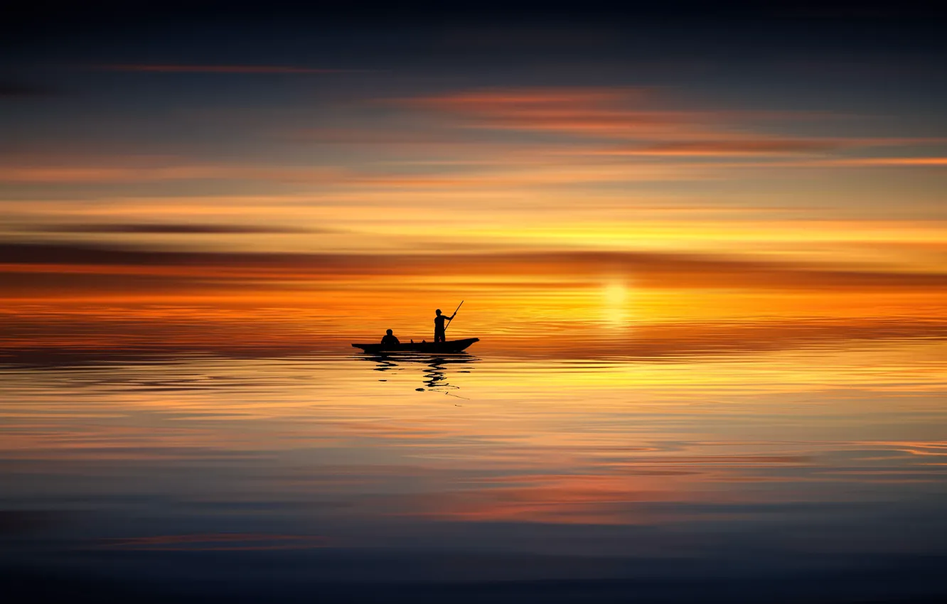 Photo wallpaper sea, sunset, surface, people, boat, calm, silhouettes