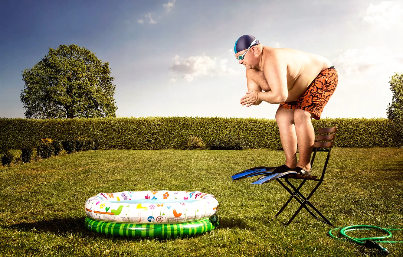 Photo wallpaper man, pool, fins