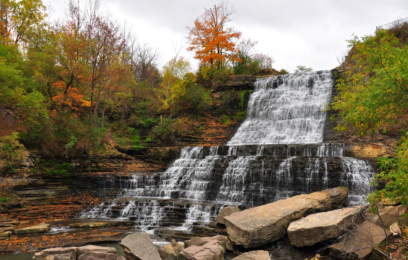 Photo wallpaper autumn, the sky, clouds, trees, stones, waterfall, cascade
