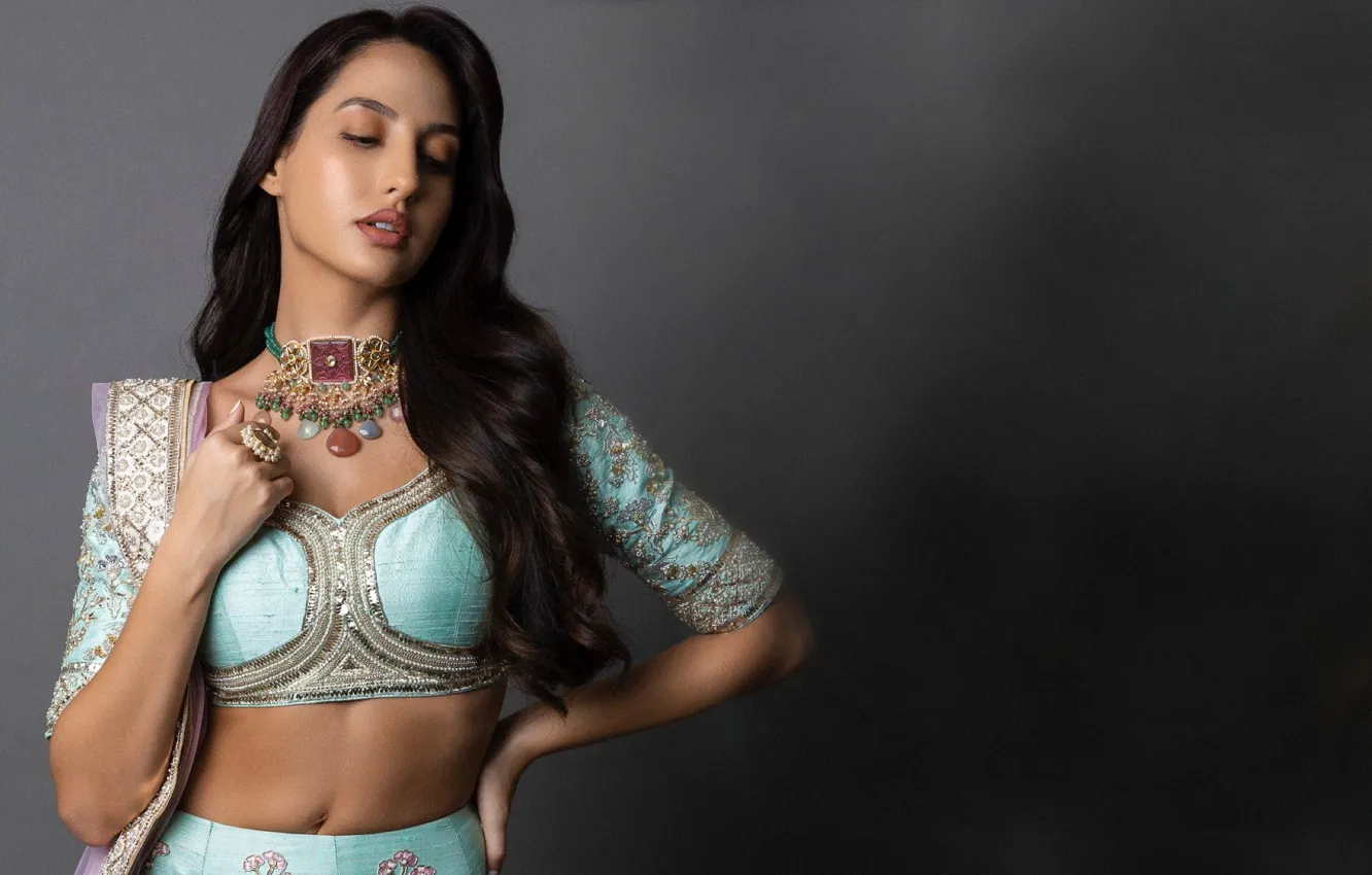 Photo wallpaper dark, girl, model, pretty, face, pose, portrait, Nora Fatehi