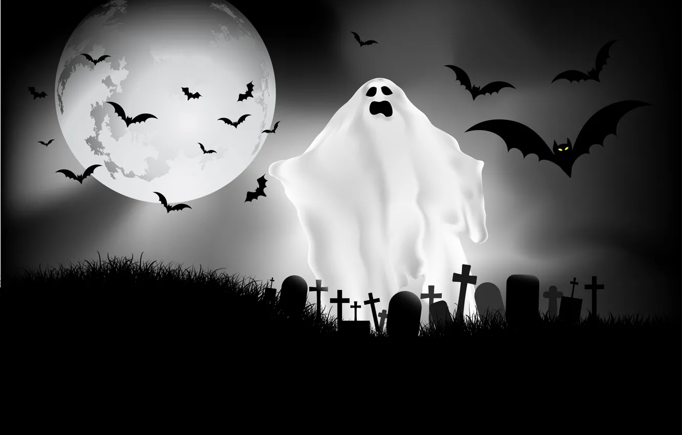 Photo wallpaper the sky, night, the moon, graves, spirit, Ghost, bats, the full moon