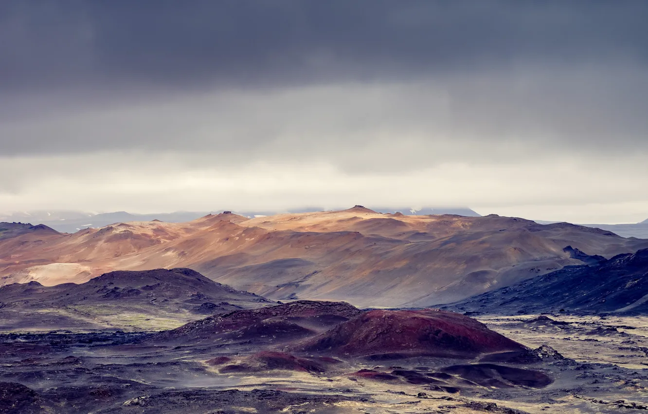 Photo wallpaper the storm, mountains, desert, horizon, gray clouds