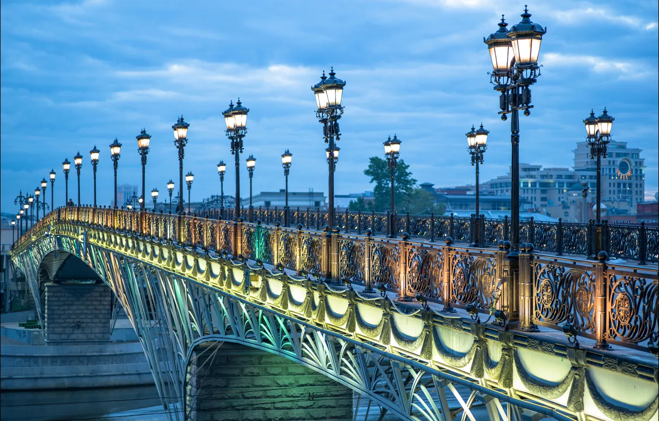 Photo wallpaper bridge, lights, river, the evening, lights, Moscow, Russia, The Patriarchal bridge