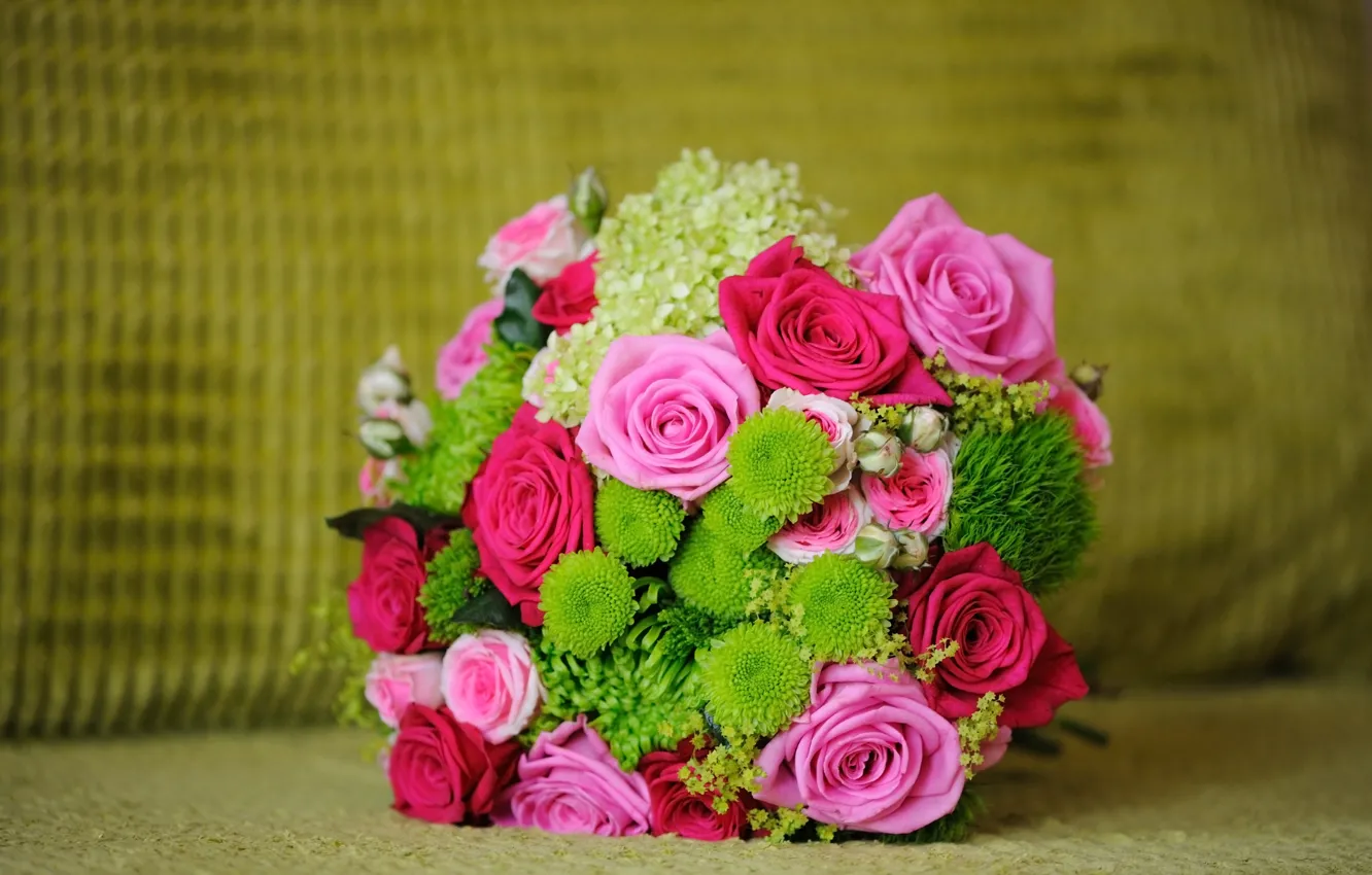 Photo wallpaper greens, flowers, roses, bouquet, pink