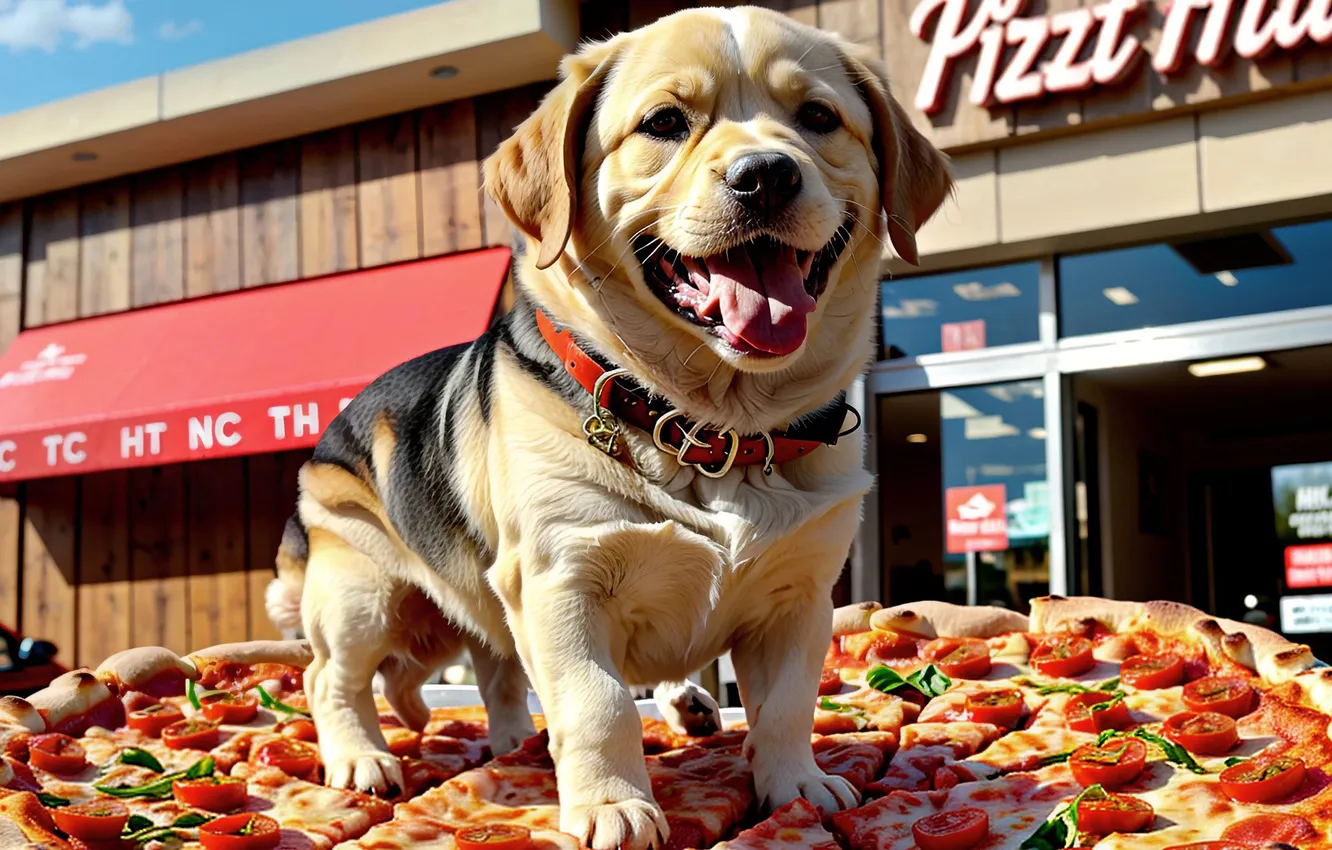 Photo wallpaper animal, dog, pizza