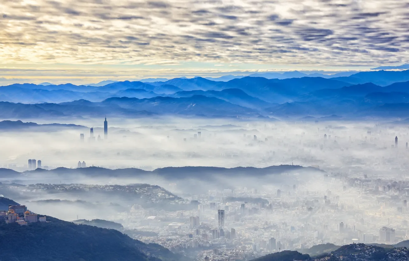 Photo wallpaper the city, fog, morning, Taipei