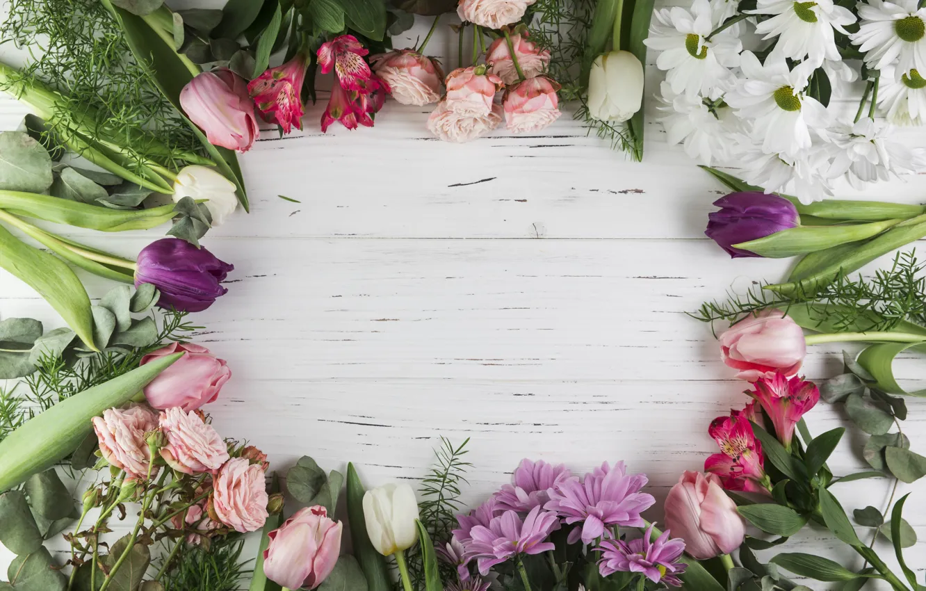 Photo wallpaper flowers, roses, colorful, tulips, pink, chrysanthemum, pink, flowers