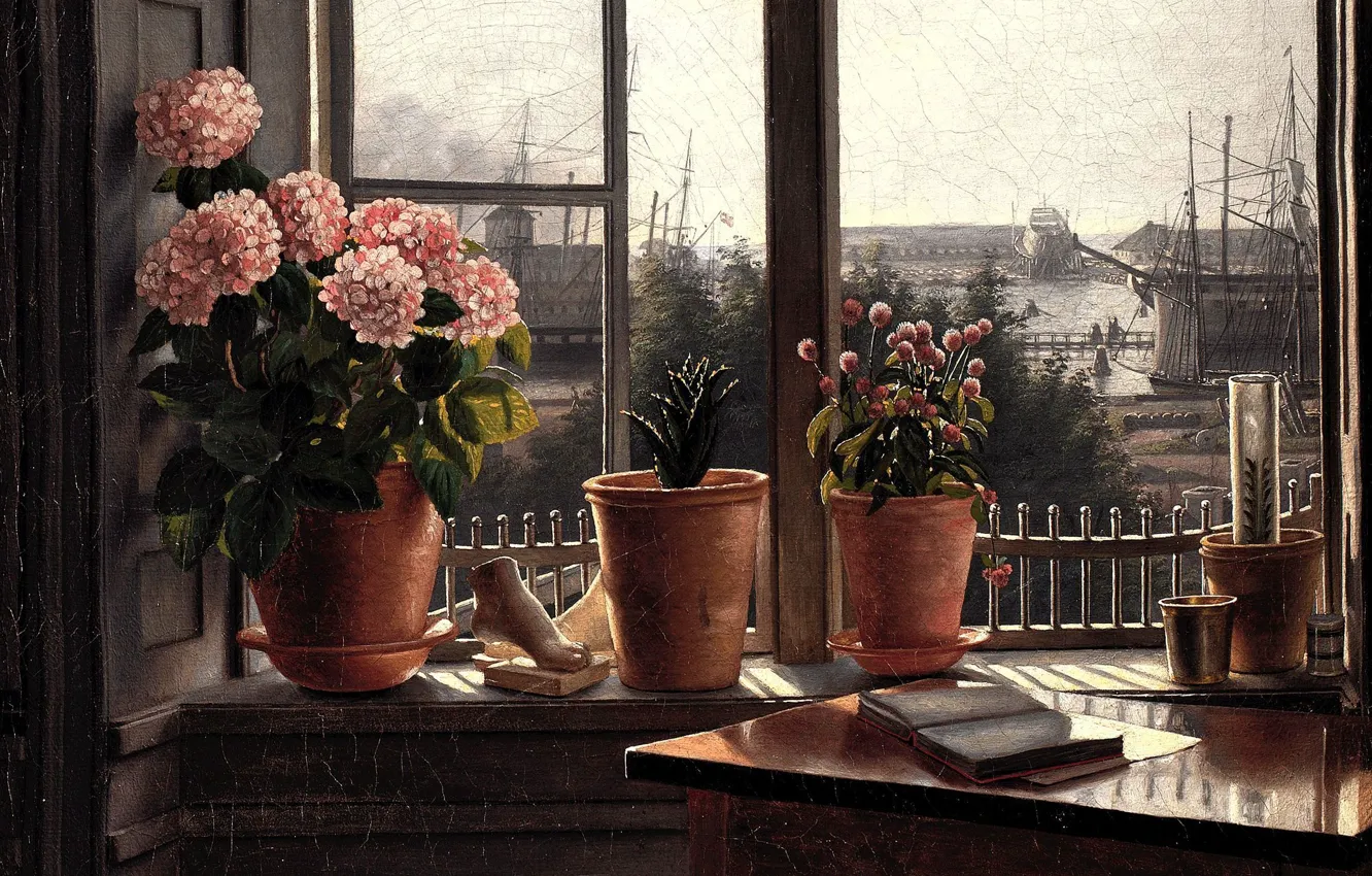 Photo wallpaper flowers, the city, picture, window, book, painting, painting