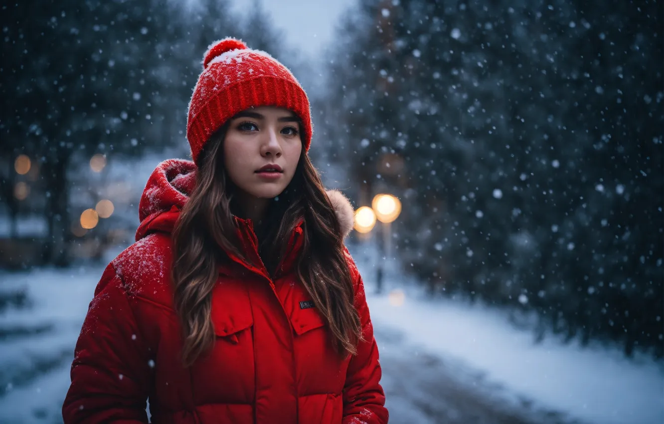 Photo wallpaper girl, hat, winter, snow, down jacket, ai art