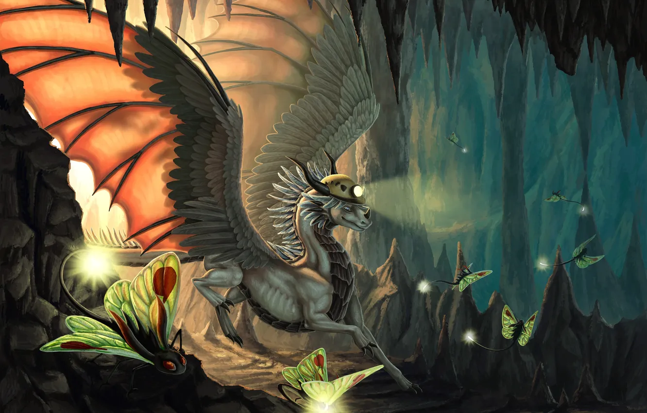 Photo wallpaper dragon, wings, lights, art, creatures, lantern, cave, helmet