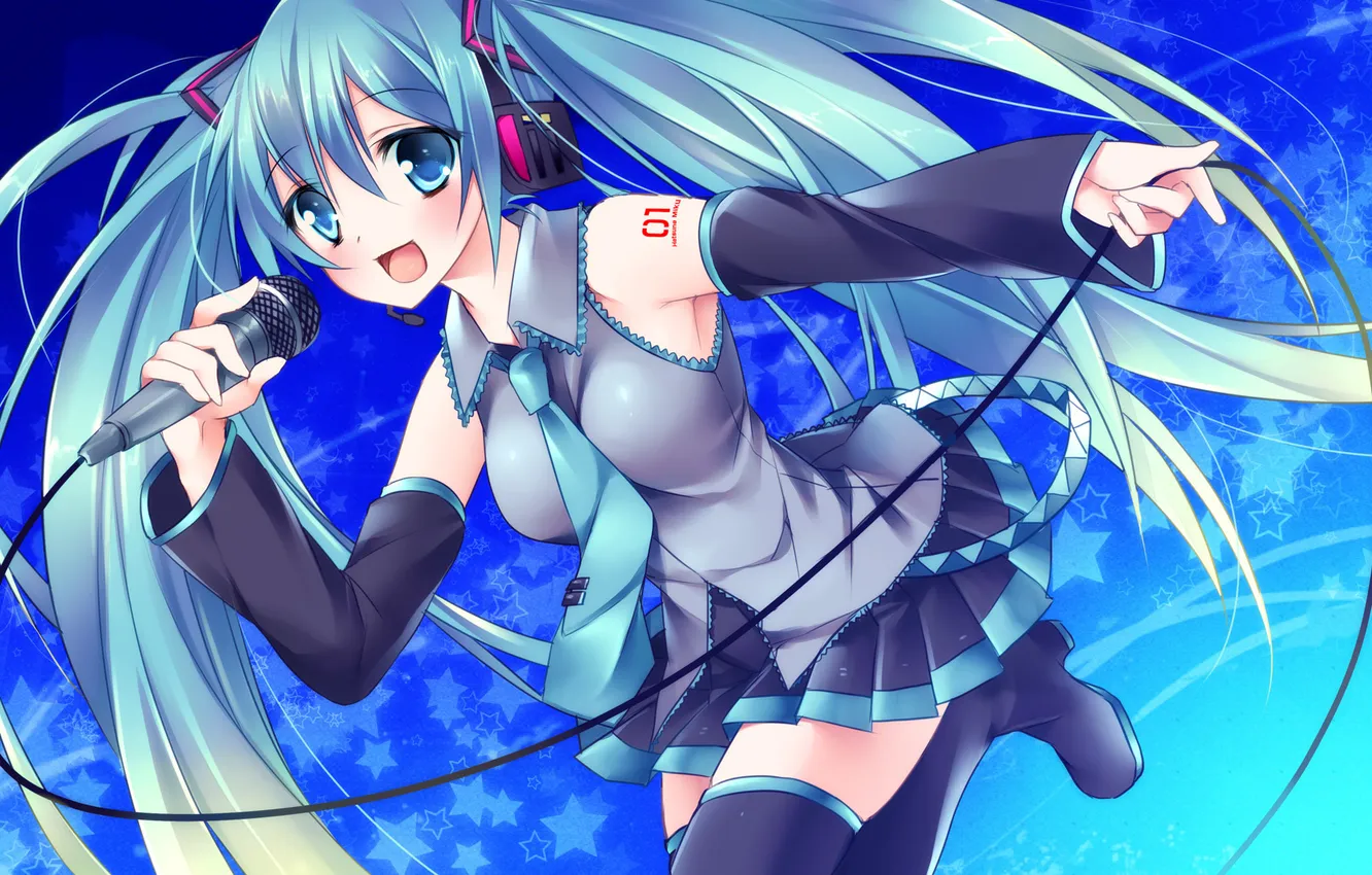 Photo wallpaper girl, art, microphone, vocaloid, hatsune miku, stars, Vocaloid, soraishinya