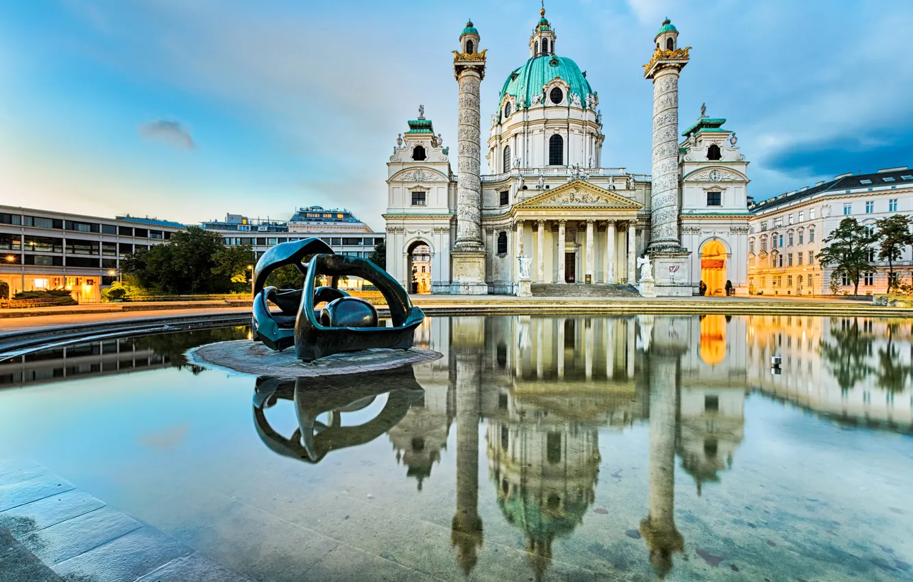 Photo wallpaper design, reflection, Austria, pond, Palace, sculpture, Vienna