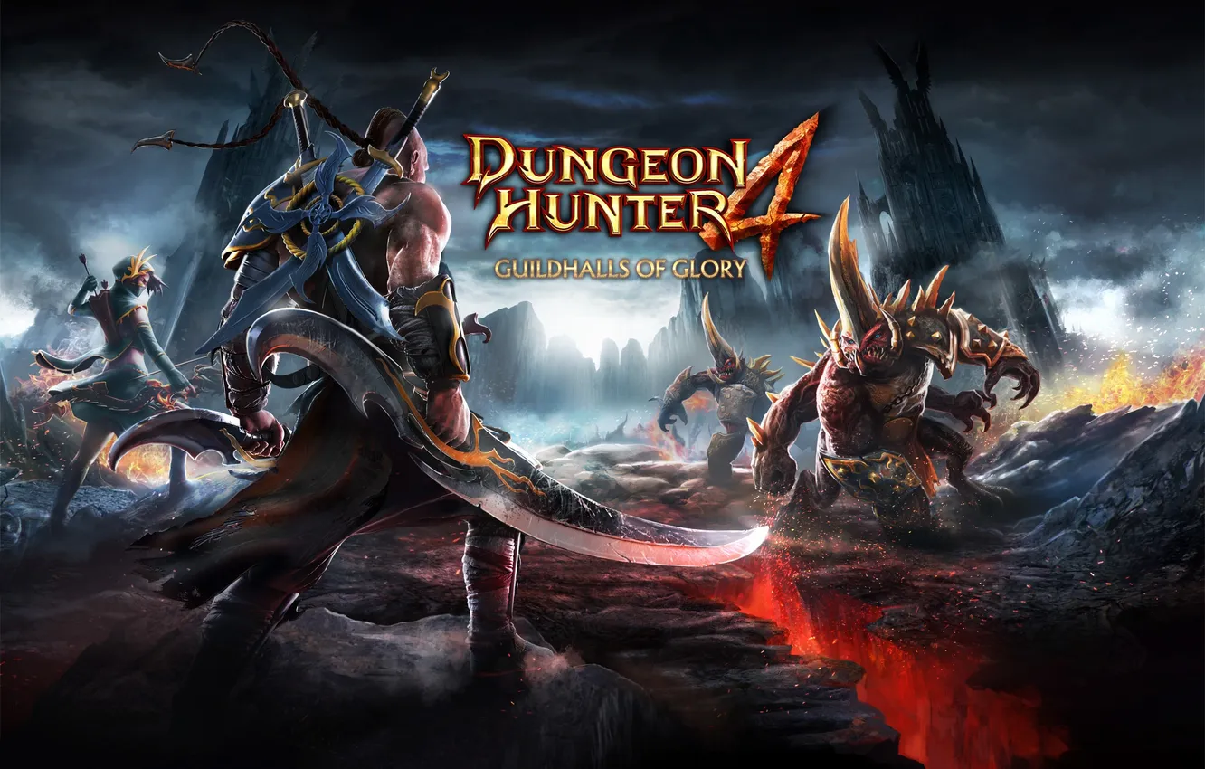 Photo wallpaper mountains, cracked, weapons, rocks, tower, monster, warrior, Archer