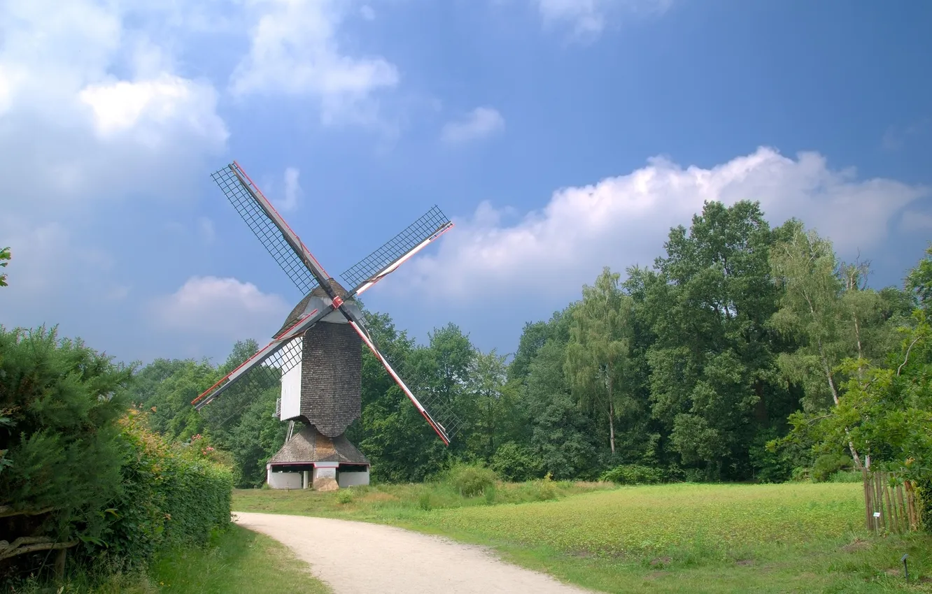 Photo wallpaper road, forest, the sky, clouds, trees, nature, mill