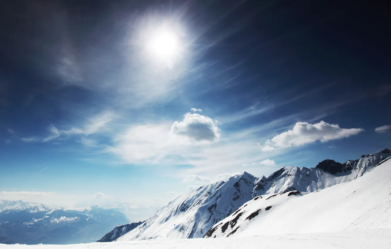 Photo wallpaper cold, winter, the sun, mountains, clouds, the wind, bright, WINTER LANDSCAPE