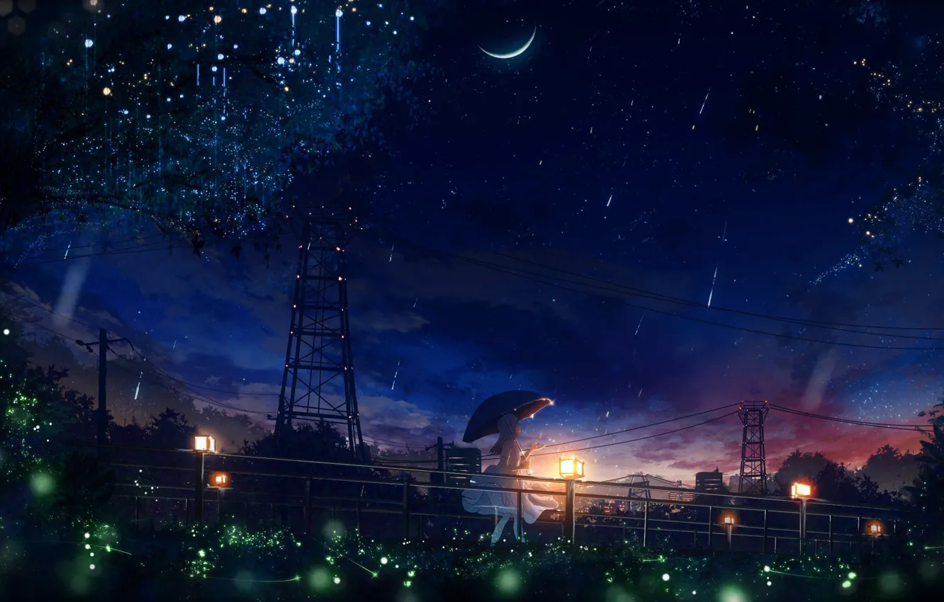 Photo wallpaper fireflies, wire, Power lines, lights, girl, walk, new moon, starry sky