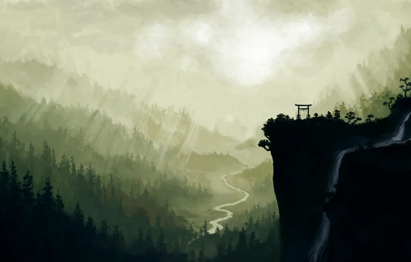 Photo wallpaper rays, river, hills, waterfall, gate, valley