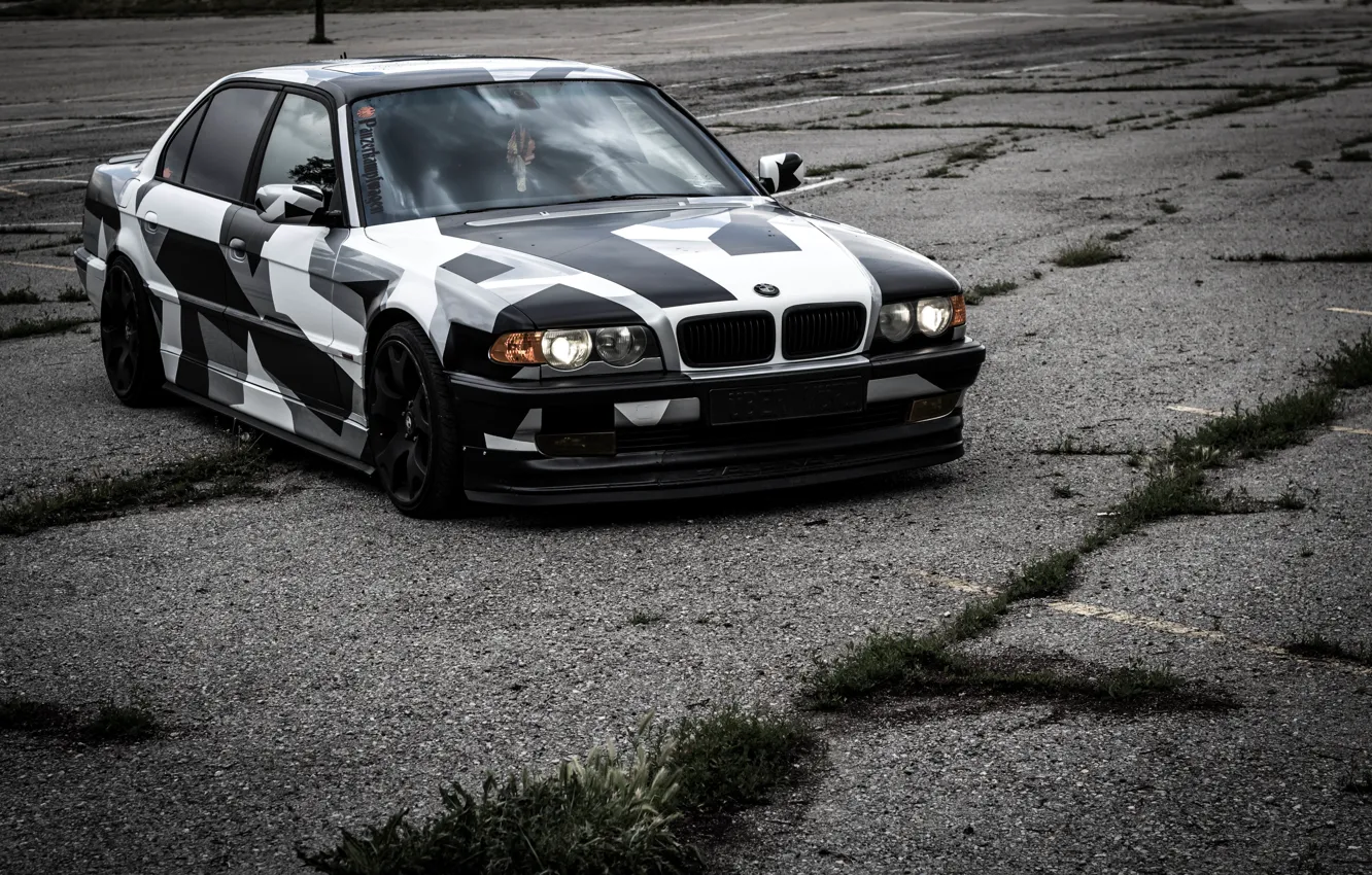 Photo wallpaper BMW, BMW, winter, Alpina, E38, 740il, arctic camo, camo