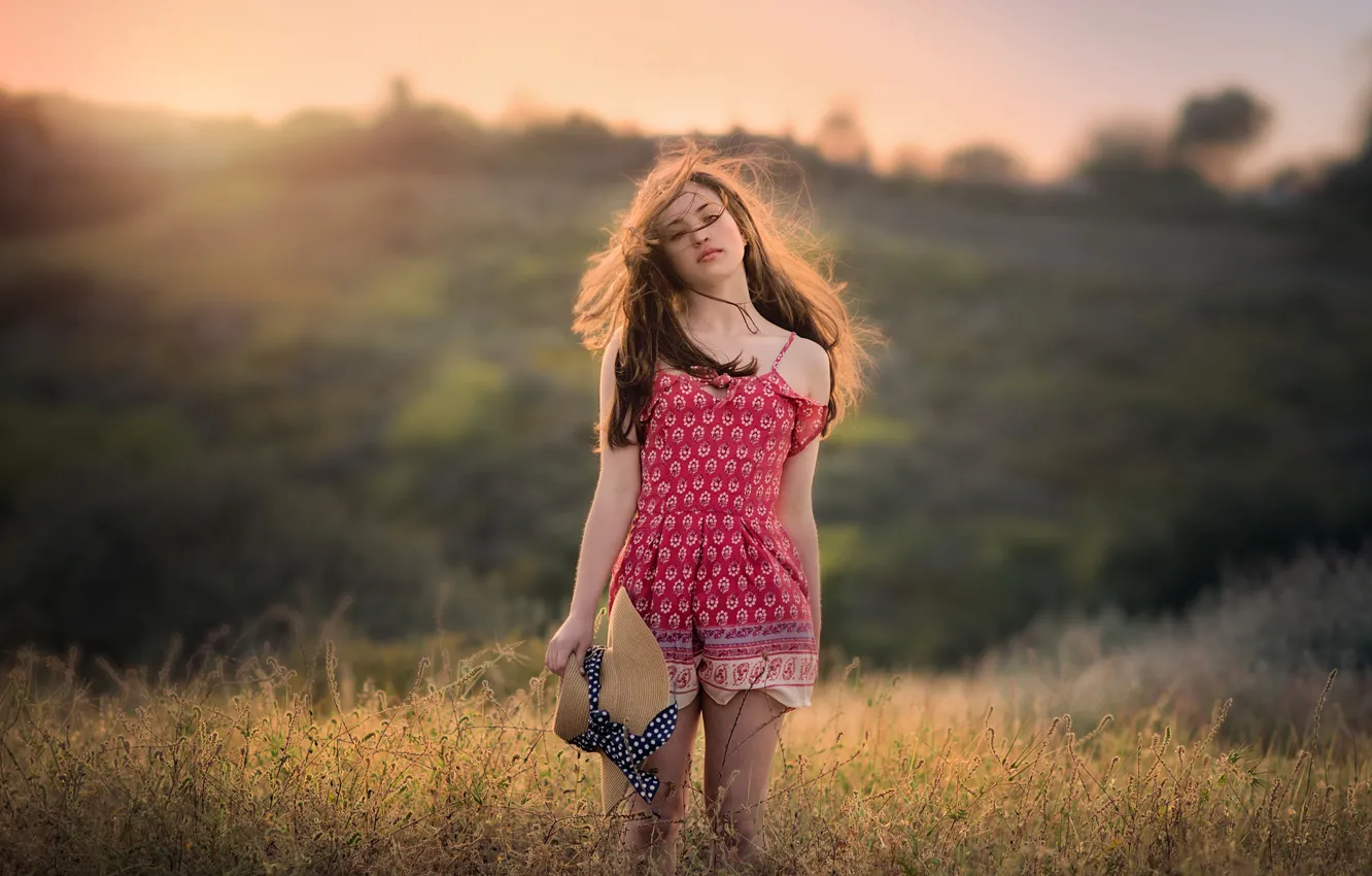 Photo wallpaper field, the evening, hat, legs, curls, Edie Layland, At Day's End