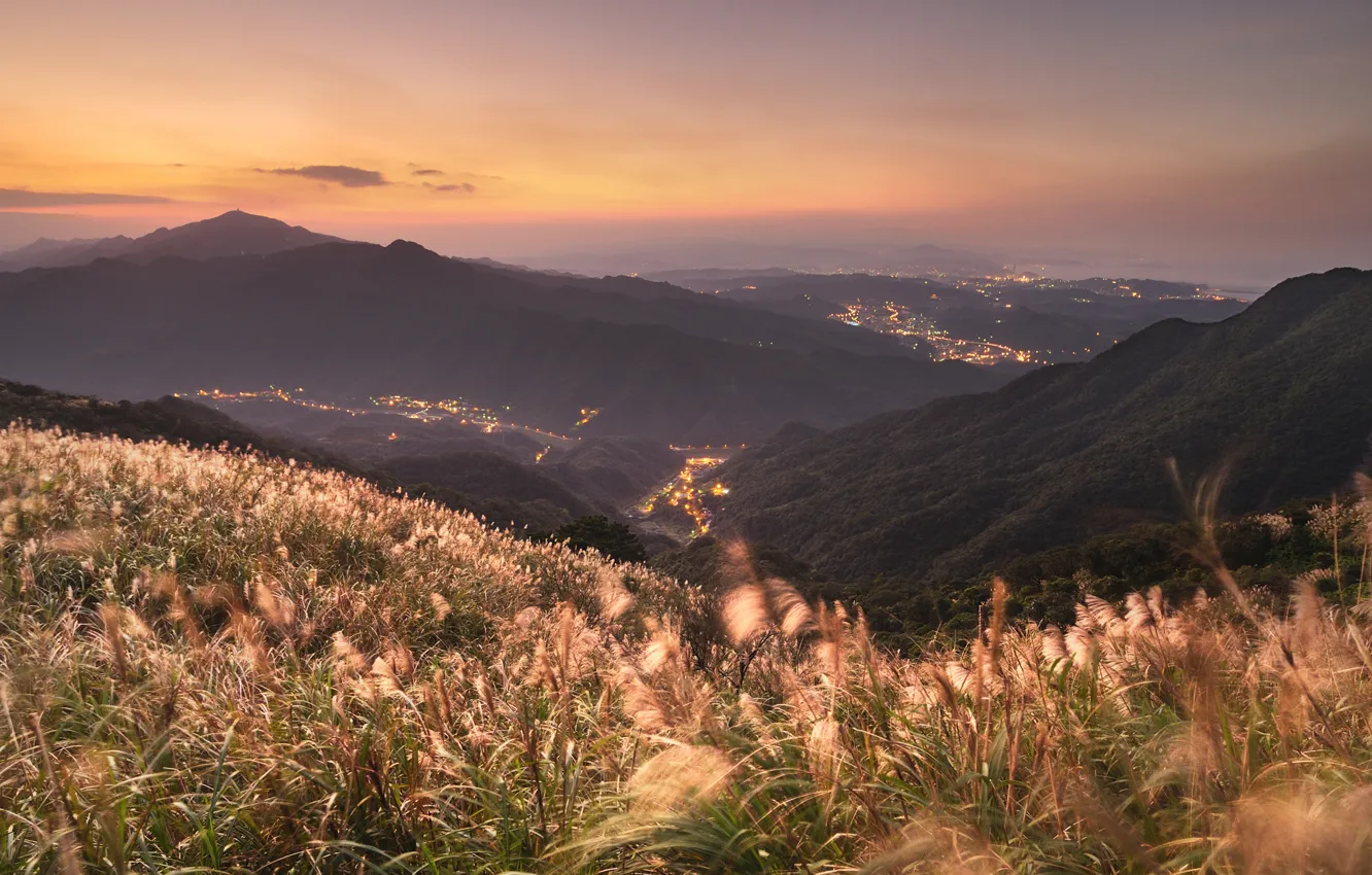 Photo wallpaper grass, sunset, mountains, city, landscapes, China, view, places