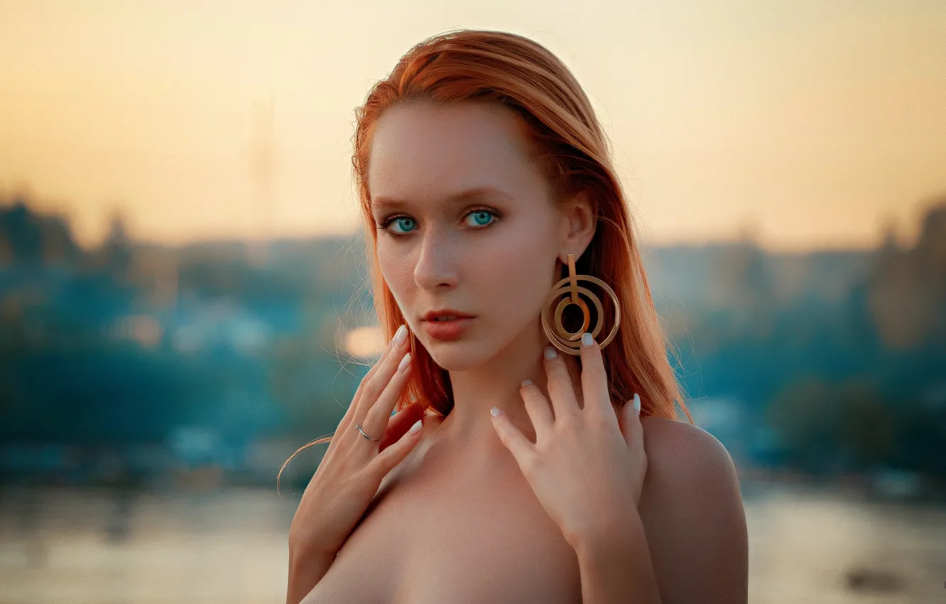 Photo wallpaper look, girl, face, pose, portrait, earrings, hands, red