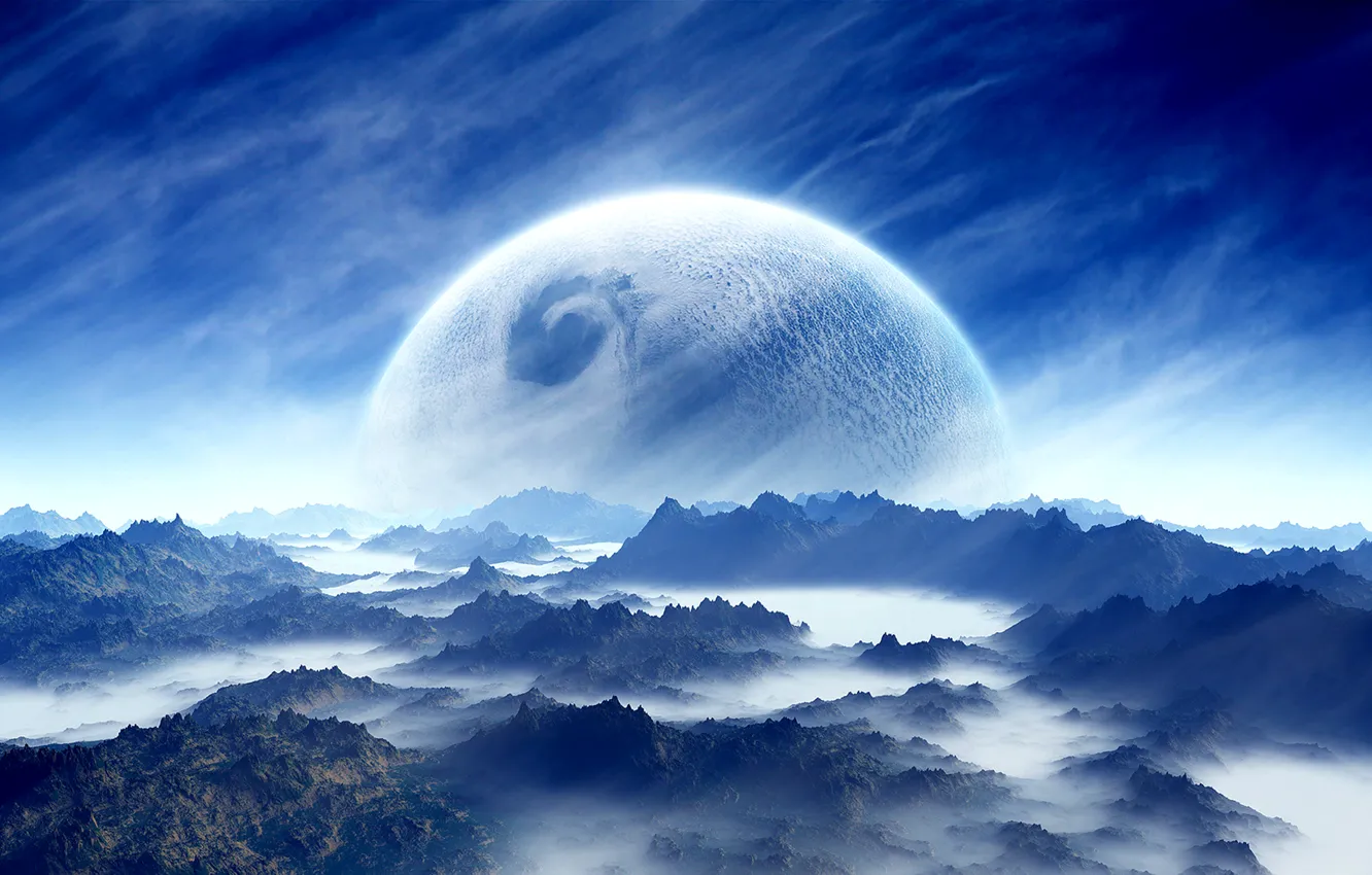Photo wallpaper white, sky, landscape, blue, cloud, mountain, planet, Sci Fi