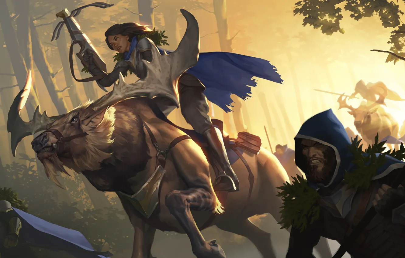 Photo wallpaper girl, deer, hunter, crossbow, Legends of Runeterra