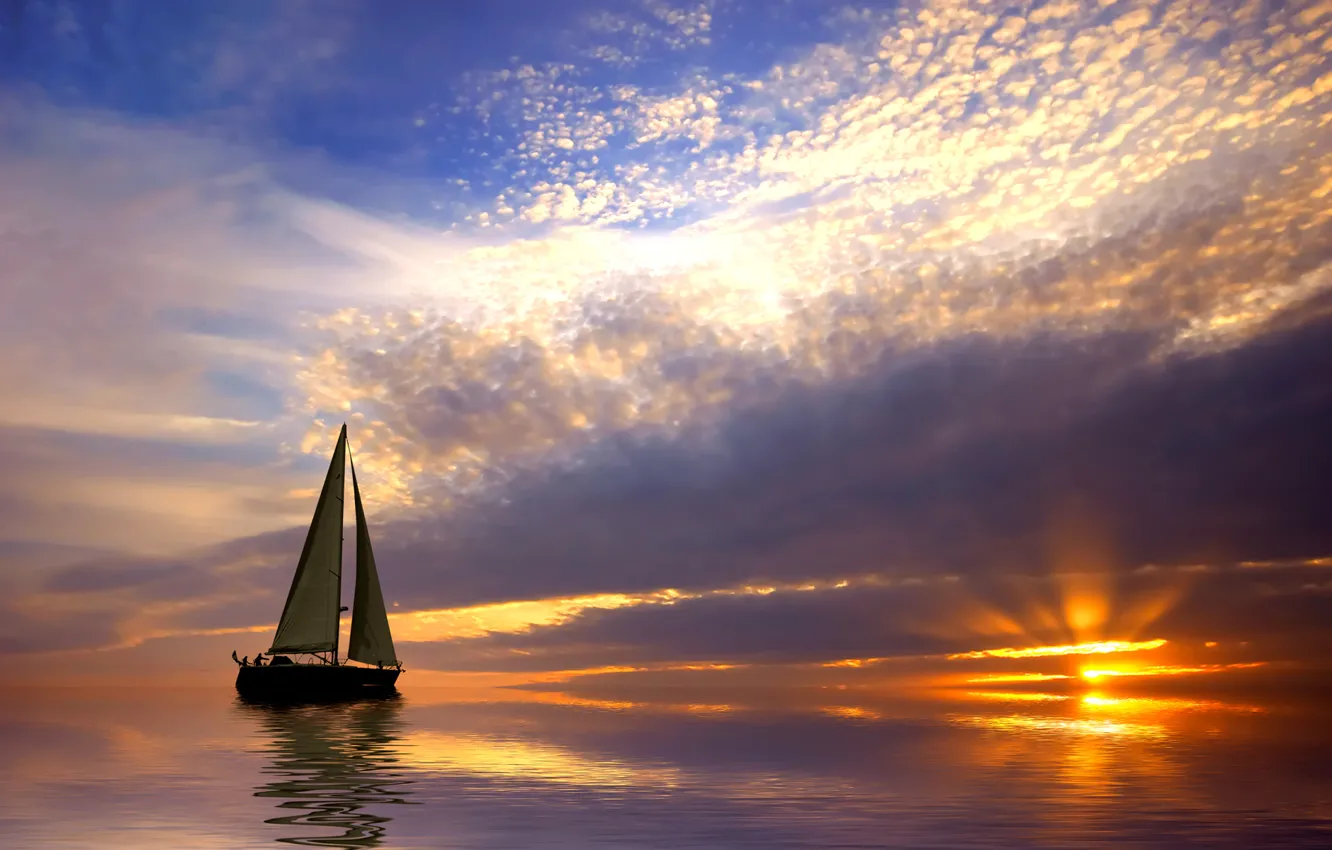 Photo wallpaper sea, the sky, clouds, sunset, the ocean, sailboat, Boat