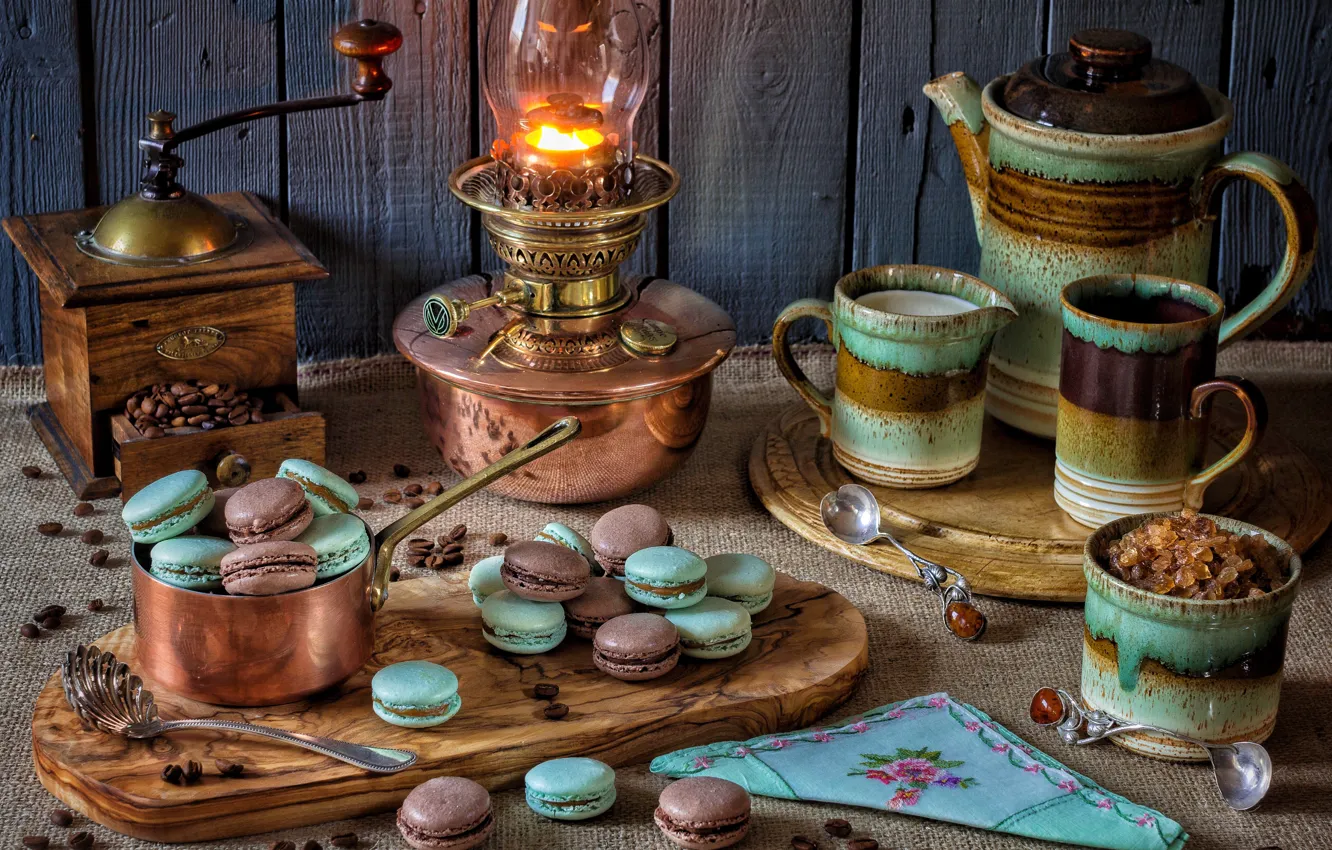 Photo wallpaper style, lamp, kettle, cookies, mug, sugar, still life, coffee grinder