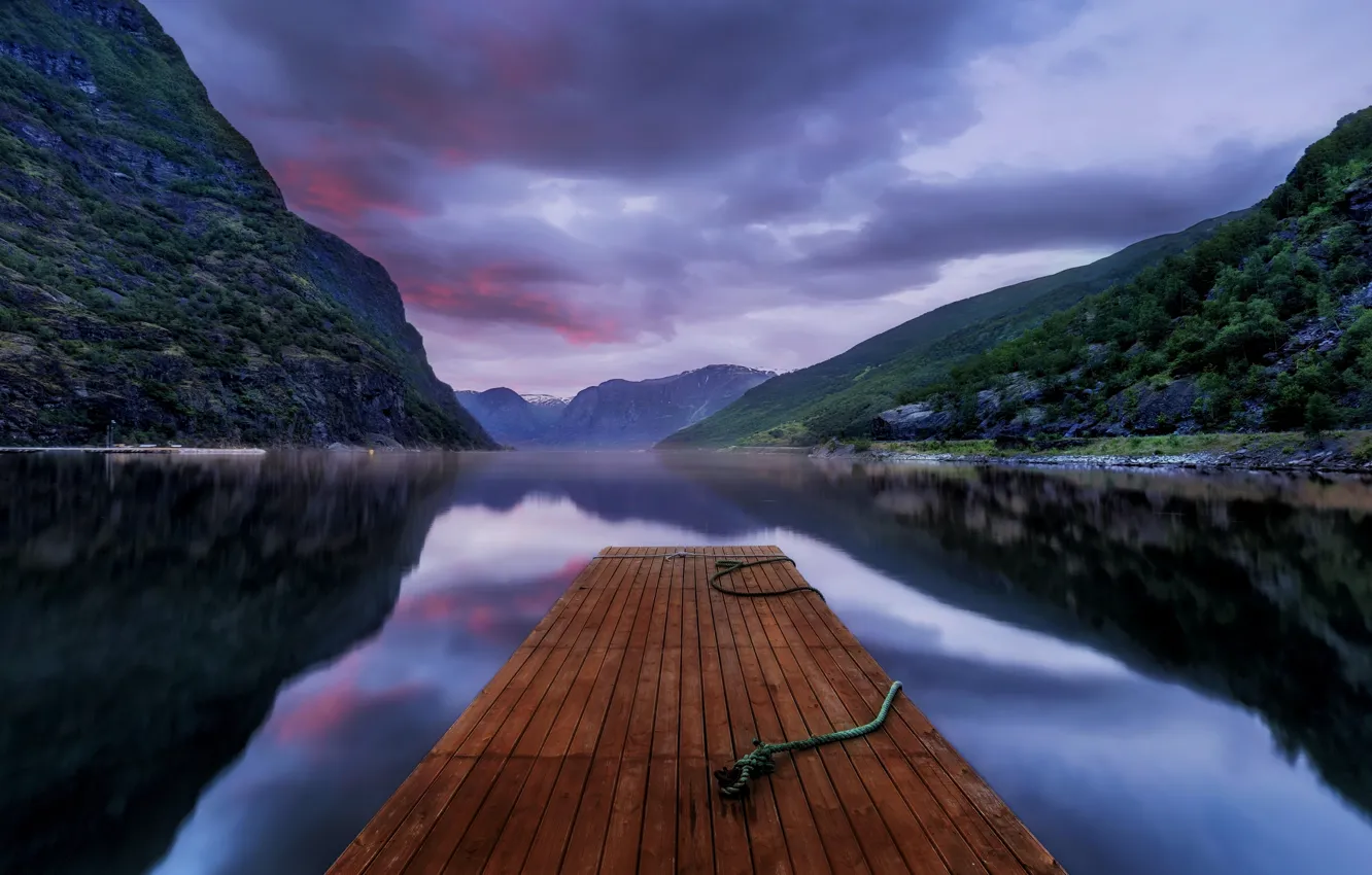 Photo wallpaper mountains, lake, pierce, bridges