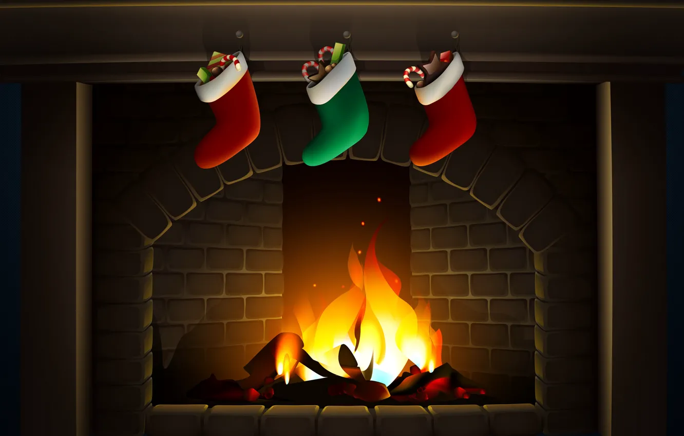 Photo wallpaper lights, mood, holiday, new year, minimalism, Christmas, socks, fireplace