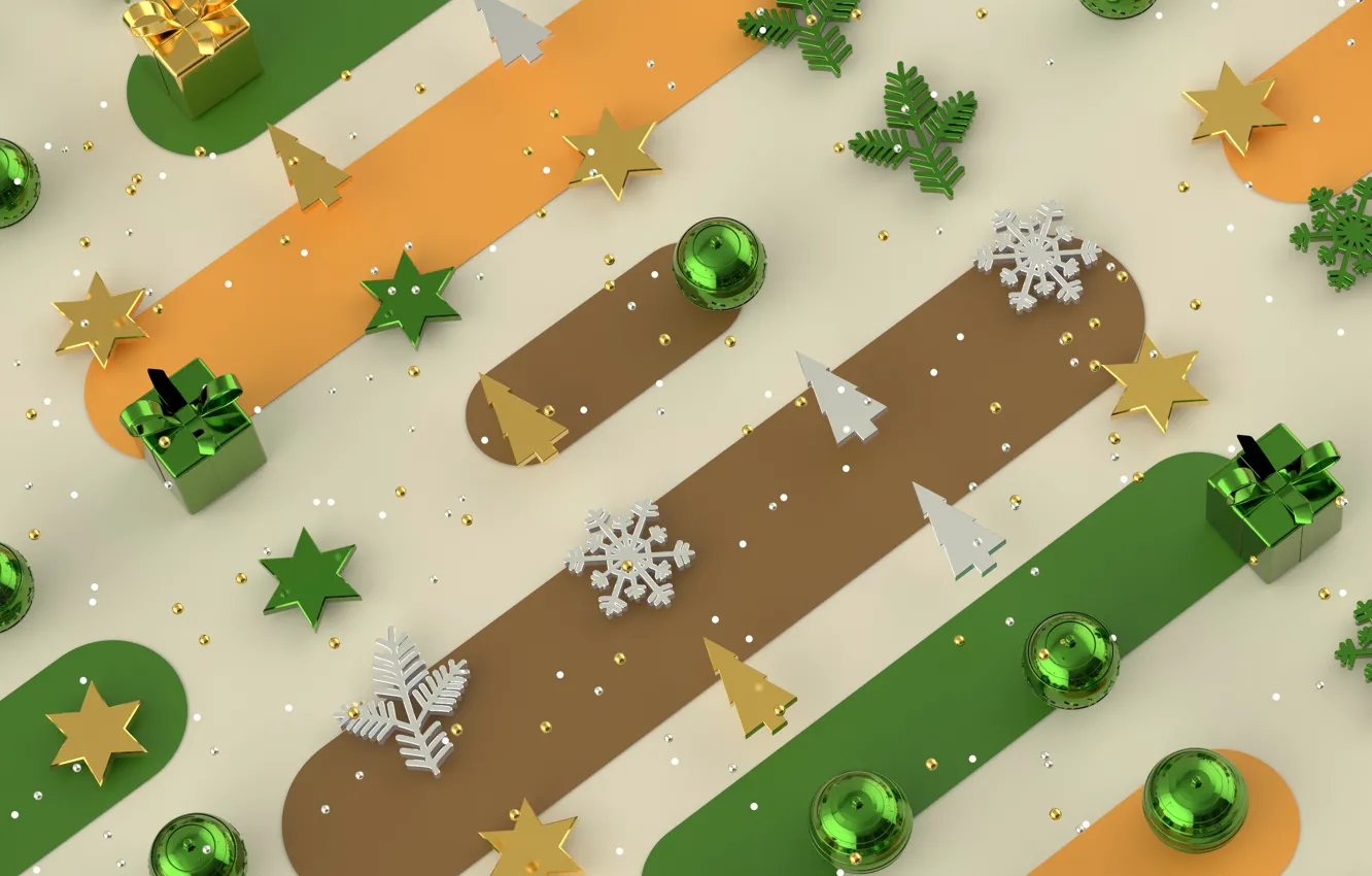 Photo wallpaper balls, rendering, holiday, graphics, texture, green, Christmas, gifts