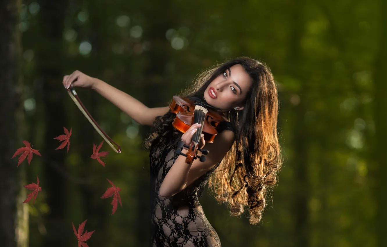 Photo wallpaper leaves, violin, violinist, autumn melody