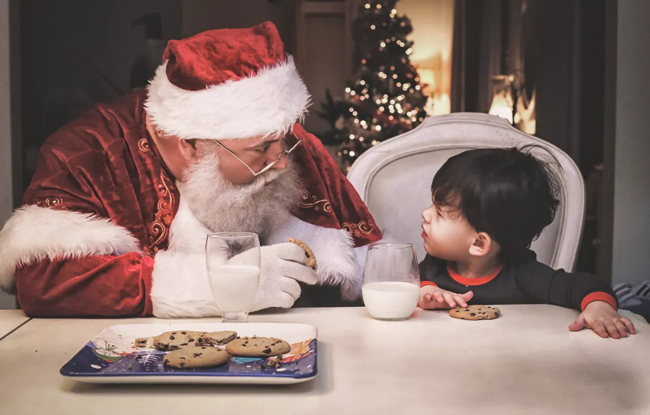 Photo wallpaper boy, milk, cookies, Christmas, New year, Santa Claus, treat