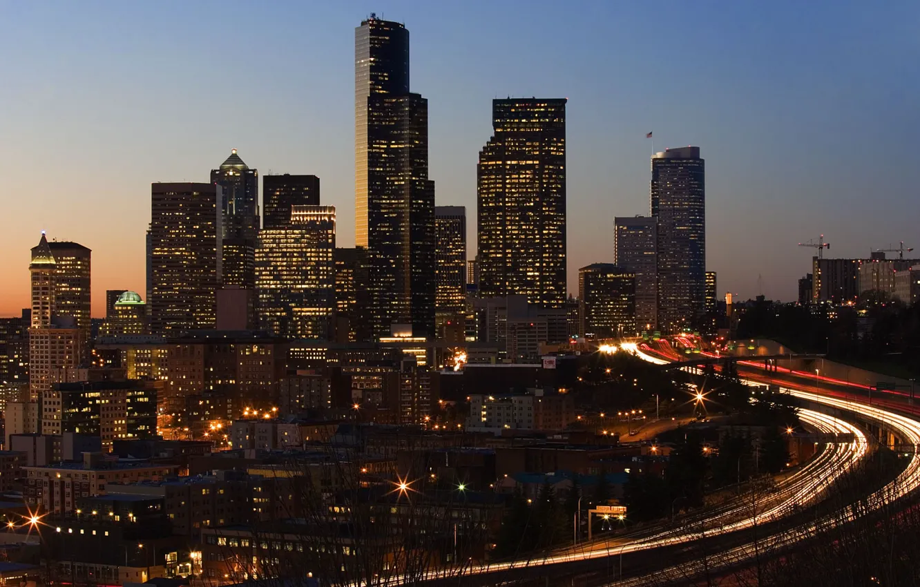 Photo wallpaper lights, building, skyscrapers, lights, Seattle