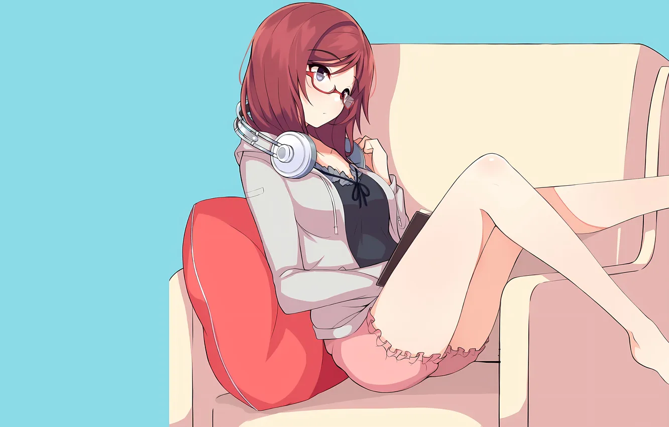 Photo wallpaper girl, sexy, cleavage, shorts, red hair, long hair, legs, boobs