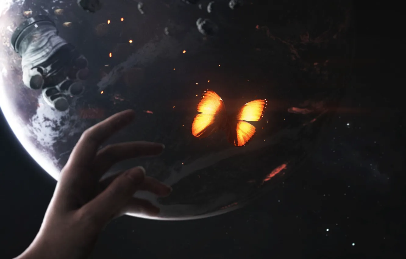 Photo wallpaper space, space, butterfly, planet, hands, asteroids, the suit, art