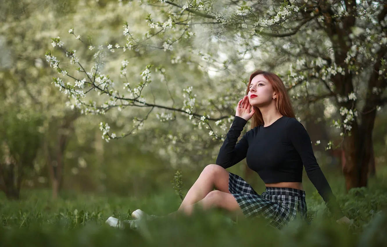 Photo wallpaper grass, trees, nature, model, women, brunette, sitting, skirt