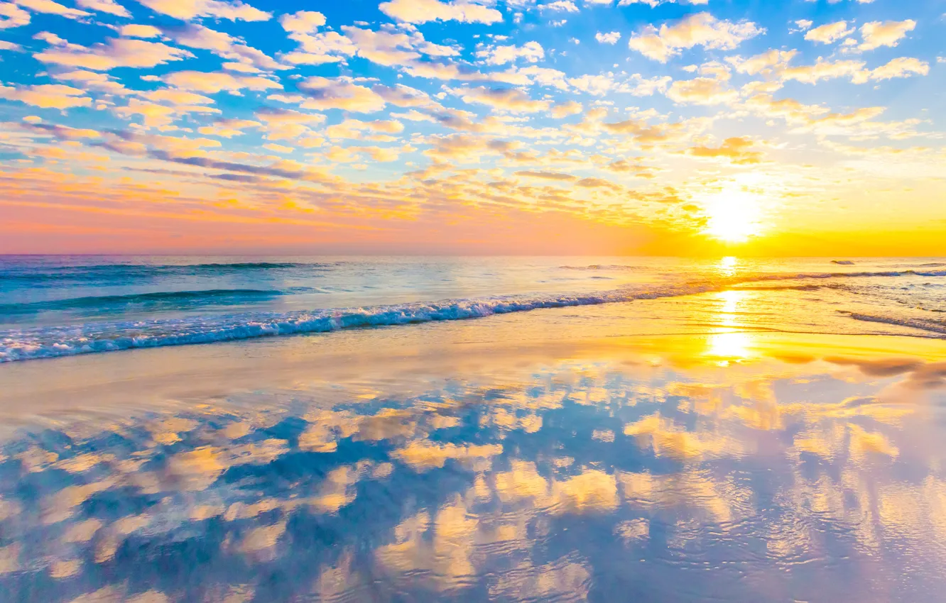 Photo wallpaper sea, wave, beach, clouds, sunset, reflection, mirror