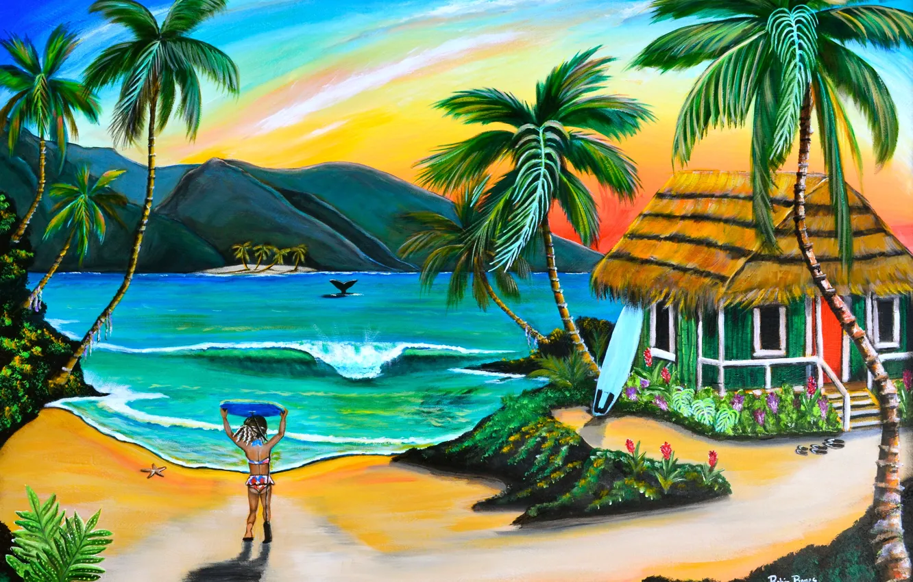 Photo wallpaper beach, palm trees, figure, picture, girl, house, painting, painting